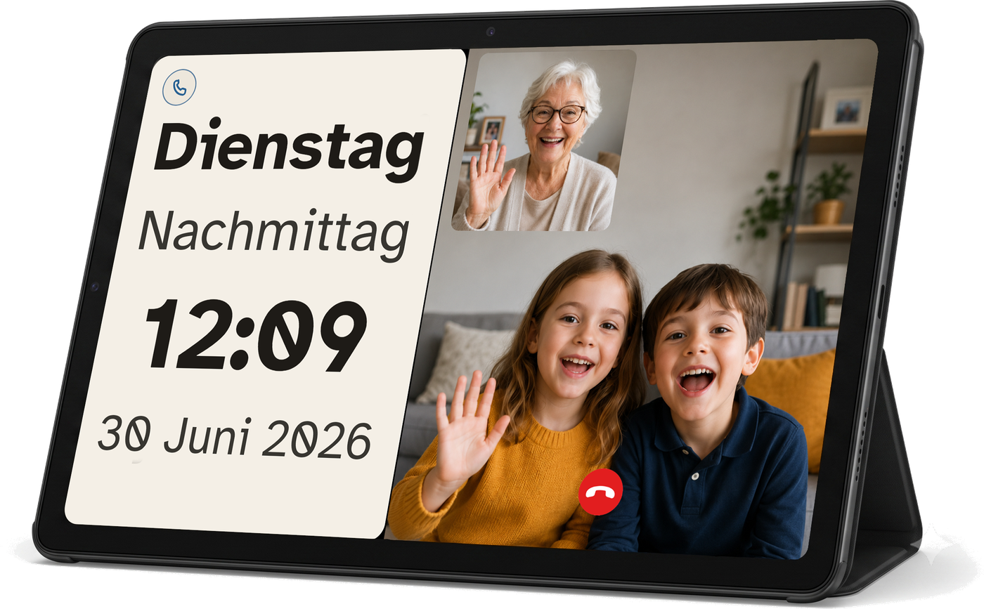 Das Ally-Display-Tablet auf seinem Ständer, in einem Videoanruf: die Grossmutter und ihre Enkelkinder winken sich zu, neben der Uhrzeit am Dienstagnachmittag.