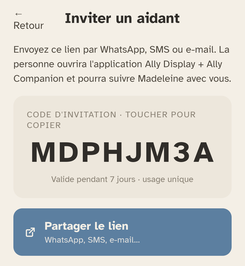 L'écran « Inviter une personne » d'Ally Companion : le code d'invitation à 8 caractères.