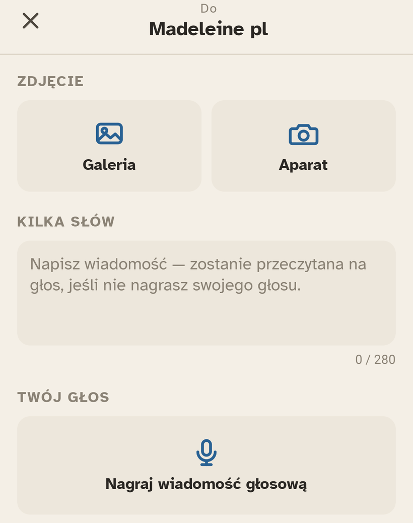 Ekran wysyłania w Ally Companion: wybór zdjęcia, pole wiadomości i przycisk do nagrania głosu.