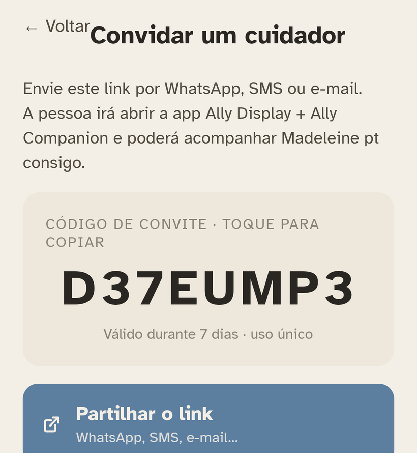 O ecrã «Convidar uma pessoa» do Ally Companion: o código de convite de 8 caracteres.